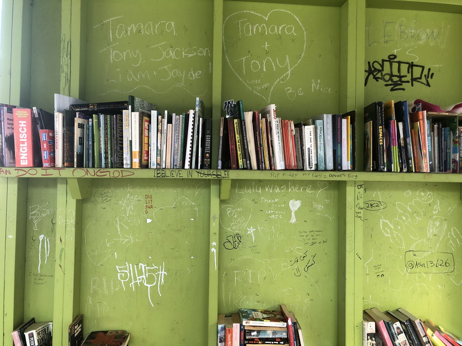A small community book exchange under the shelter on the government dock at the Snug Cove Ferry Terminal.