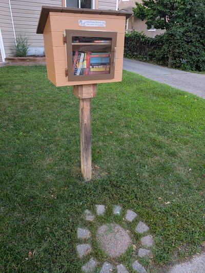 A peach-colored Little Free Library box with a dark brown roof and glass-front door stands on a wooden post in a front lawn. It sits beside a sidewalk near a house and hedges, with books visible inside and a small LittleFreeLibrary.org sign on the front.